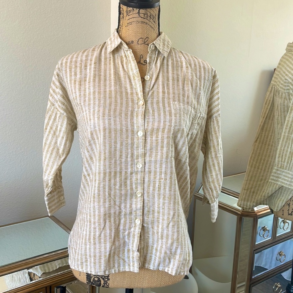 Tan + white button down